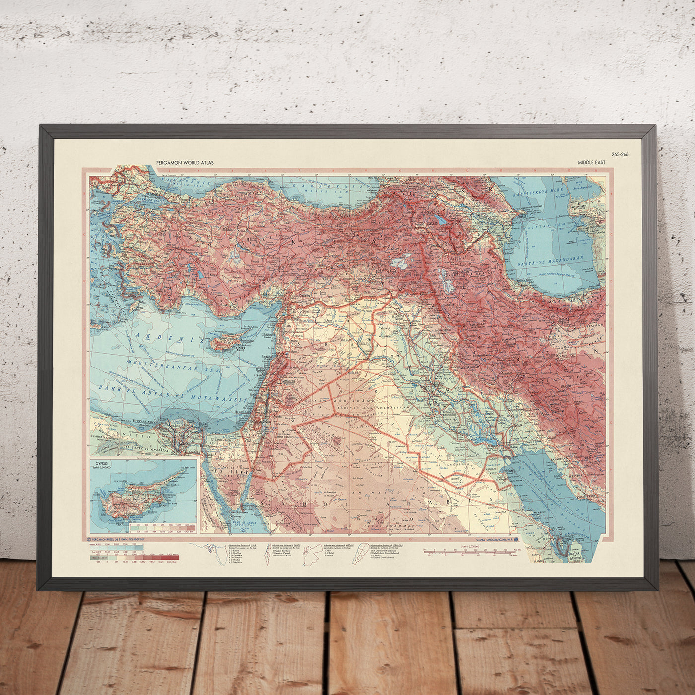 Ancienne carte du Moyen-Orient, 1967 : Turquie, Iran, Irak, Chypre, Israël, Jordanie 