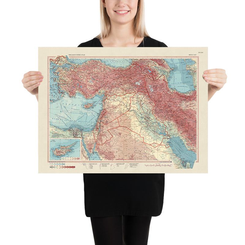 Ancienne carte du Moyen-Orient, 1967 : Turquie, Iran, Irak, Chypre, Israël, Jordanie 