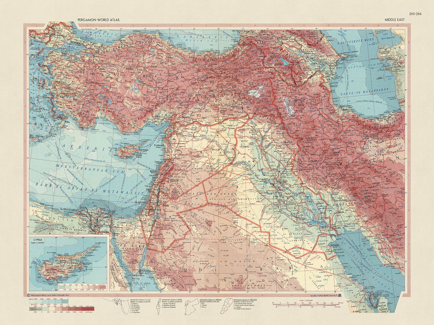 Ancienne carte du Moyen-Orient, 1967 : Turquie, Iran, Irak, Chypre, Israël, Jordanie 