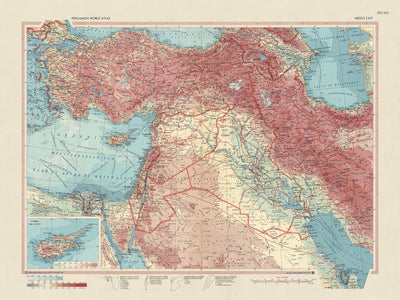 Ancienne carte du Moyen-Orient, 1967 : Turquie, Iran, Irak, Chypre, Israël, Jordanie 