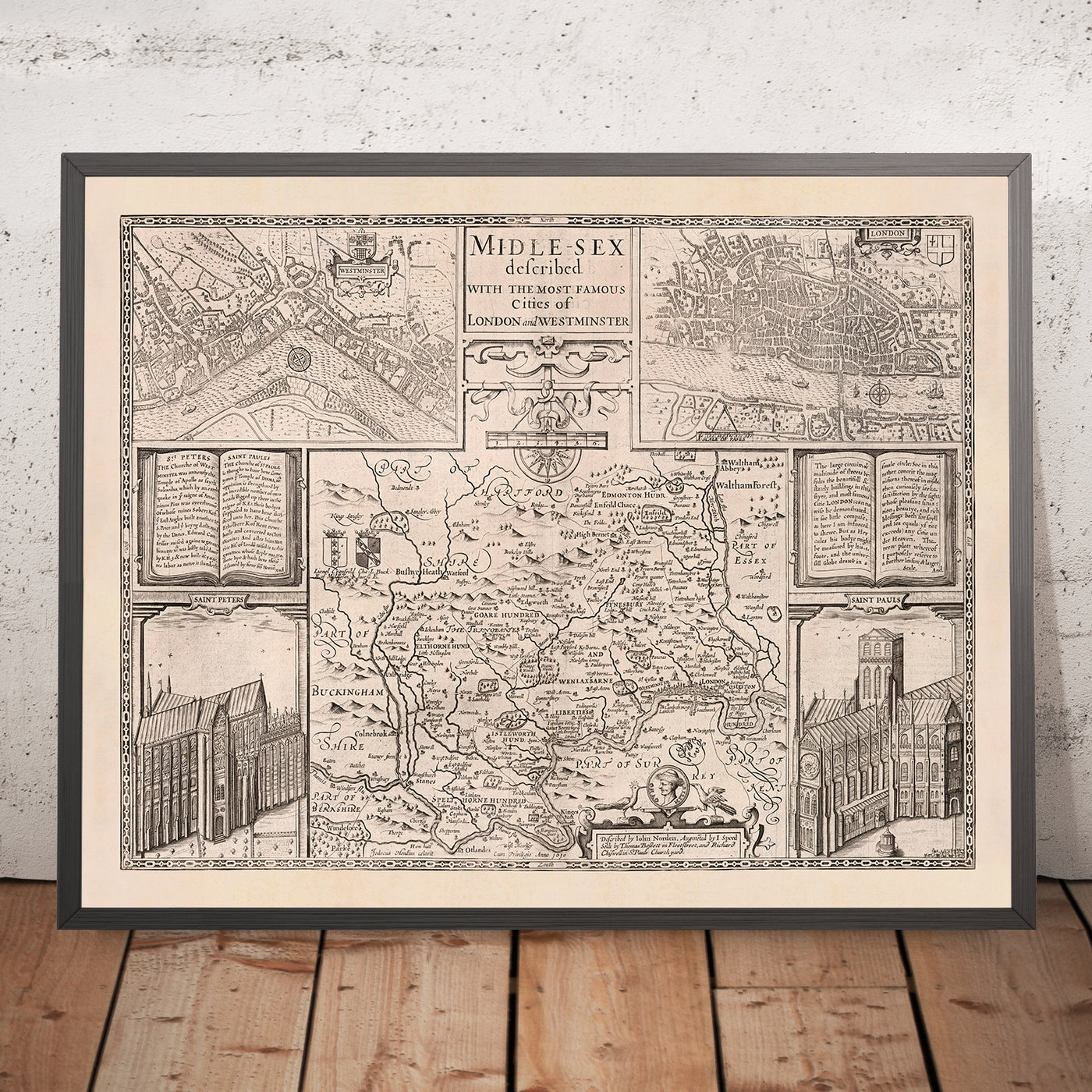 Alte Karte von Middlesex von John Speed, 1676: London, Westminster, Highgate, Harrow, Brentford und Uxbridge 