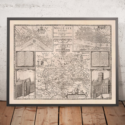 Alte Karte von Middlesex von John Speed, 1676: London, Westminster, Highgate, Harrow, Brentford und Uxbridge 
