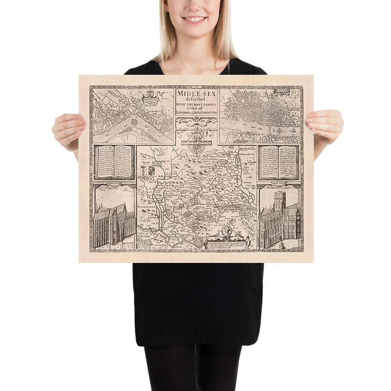 Ancienne carte du Middlesex par John Speed, 1676 : Londres, Westminster, Highgate, Harrow, Brentford et Uxbridge