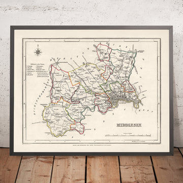 Ancienne carte du Middlesex par Samuel Lewis, 1844 : Londres, Westminster, Kensington, Chelsea, Richmond