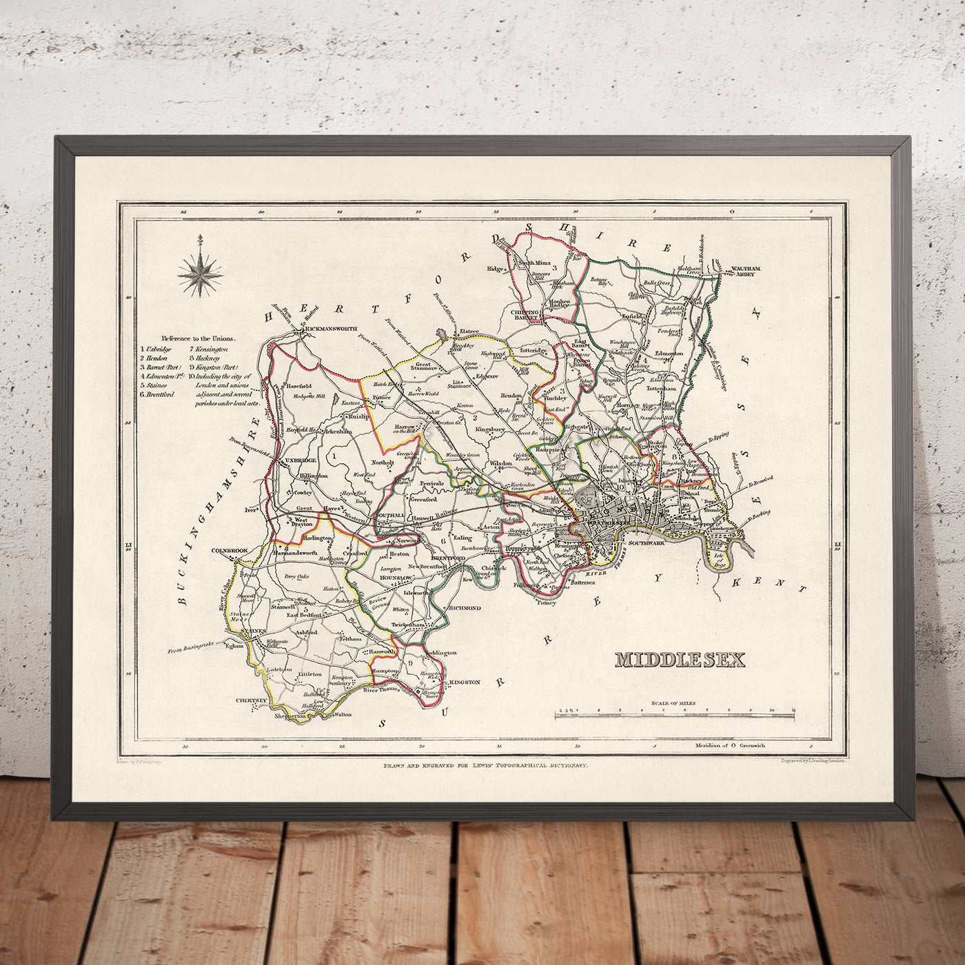 Old Map of Middlesex by Samuel Lewis, 1844: London, Westminster, Kensington, Chelsea, Richmond