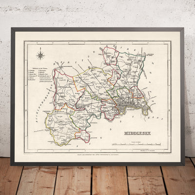 Old Map of Middlesex by Samuel Lewis, 1844: London, Westminster, Kensington, Chelsea, Richmond