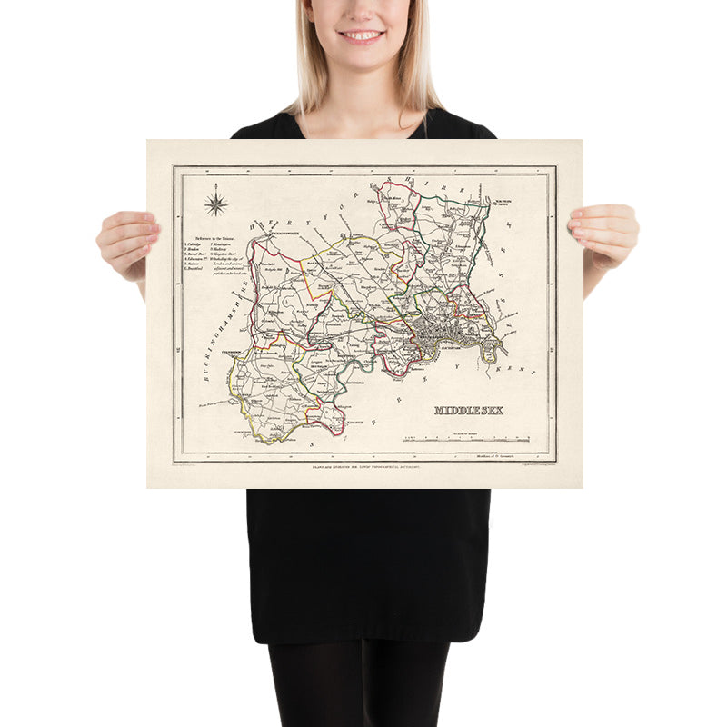 Old Map of Middlesex by Samuel Lewis, 1844: London, Westminster, Kensington, Chelsea, Richmond
