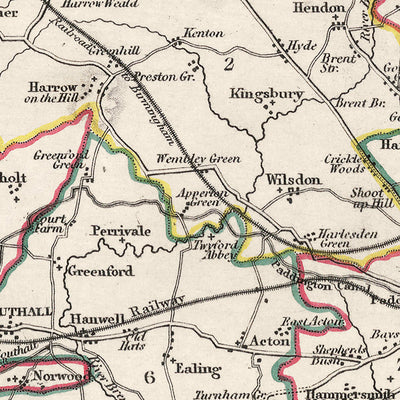 Old Map of Middlesex by Samuel Lewis, 1844: London, Westminster, Kensington, Chelsea, Richmond