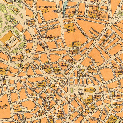 Alte Karte von Mailand, 1935: Via Pallavicino Eisenbahngleis, San Marco Kanal und See, Piazza Duomo 
