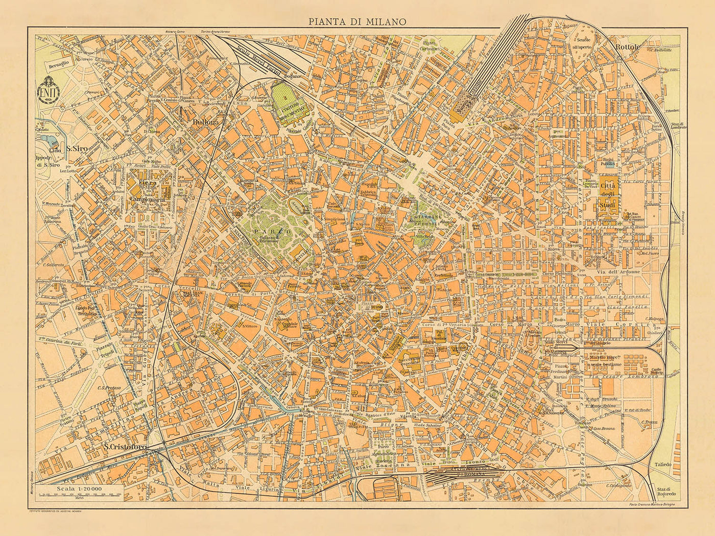 Alte Karte von Mailand, 1935: Via Pallavicino Eisenbahngleis, San Marco Kanal und See, Piazza Duomo 