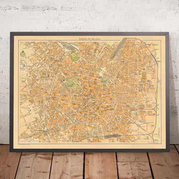 Ancienne carte de Milan, 1935 : voie ferrée de Via Pallavicino, canal San Marco et lac, Piazza Duomo 