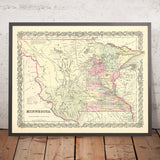 Vecchia mappa del Minnesota di J. H. Colton, 1856: St. Paul, St. Anthony, Stillwater, Mendota e Wabasha 