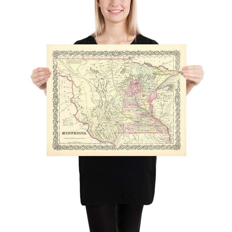 Mapa antiguo de Minnesota por JH Colton, 1856: San Pablo, San Antonio, Stillwater, Mendota y Wabasha