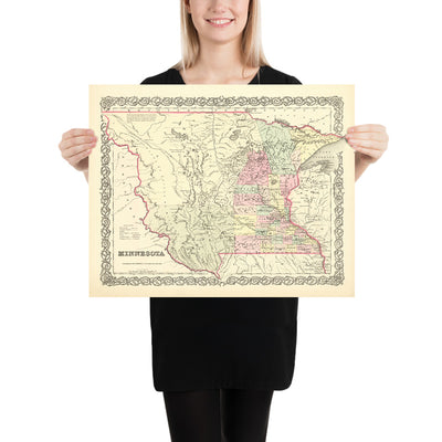 Mapa antiguo de Minnesota por JH Colton, 1856: San Pablo, San Antonio, Stillwater, Mendota y Wabasha