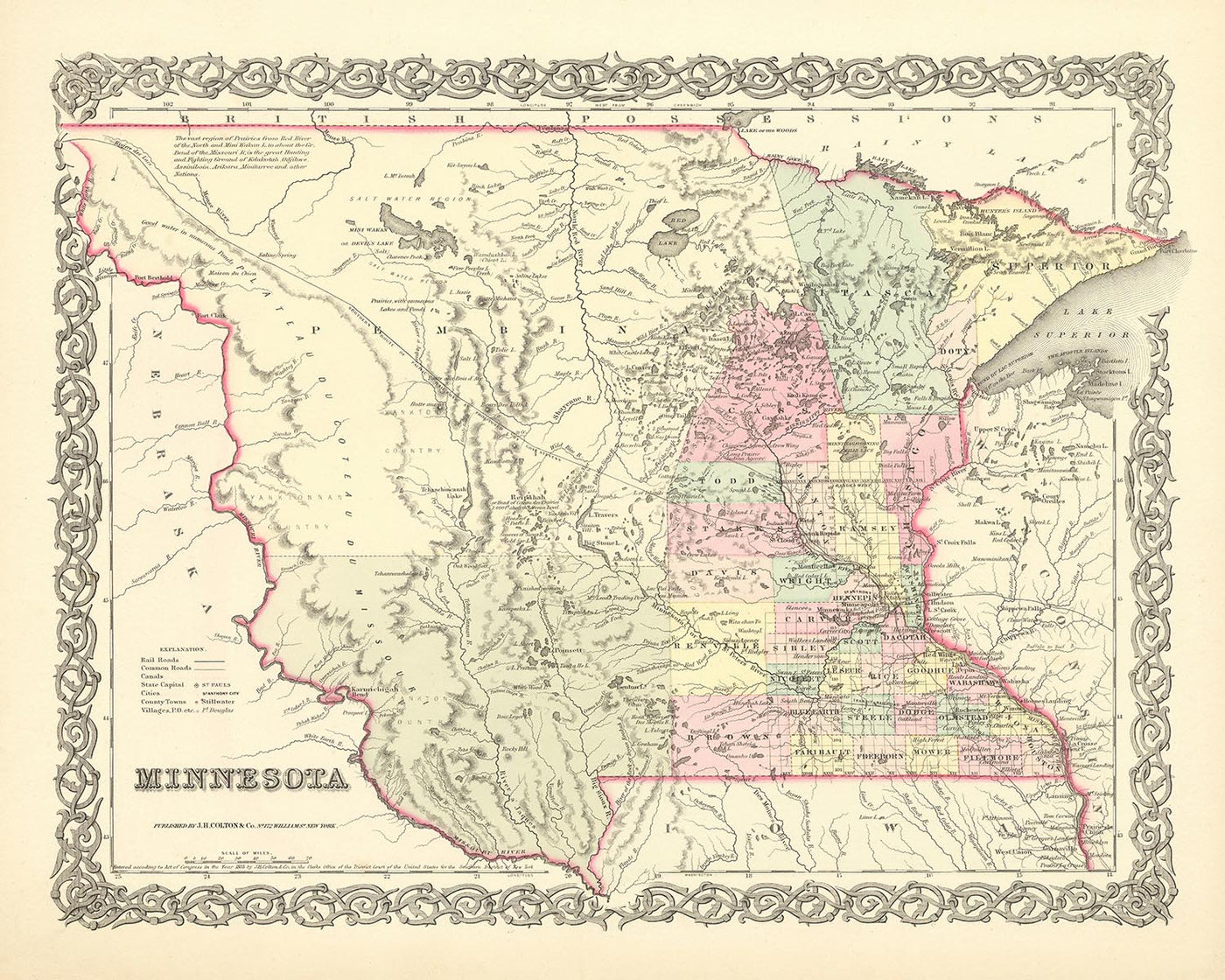 Mapa antiguo de Minnesota por JH Colton, 1856: San Pablo, San Antonio, Stillwater, Mendota y Wabasha
