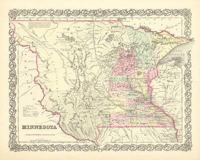 Mapa antiguo de Minnesota por JH Colton, 1856: San Pablo, San Antonio, Stillwater, Mendota y Wabasha