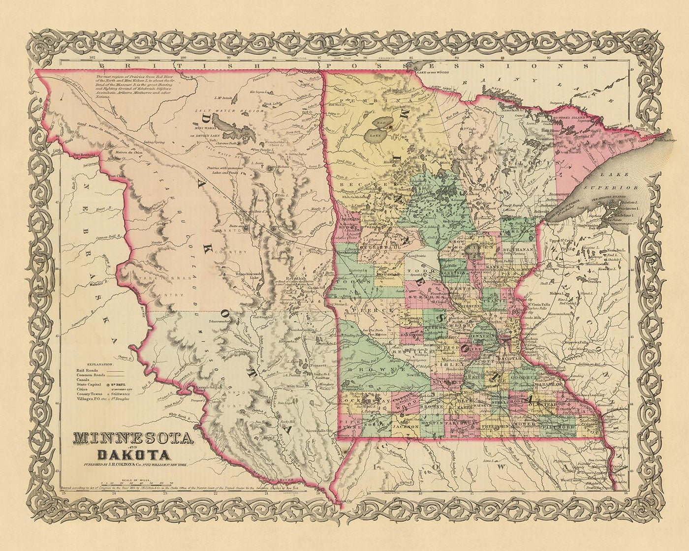 Old map of Minnesota & Dakota by Colton, 1860: St. Paul, Minneapolis, St. Anthony, Mendota, and Pembina