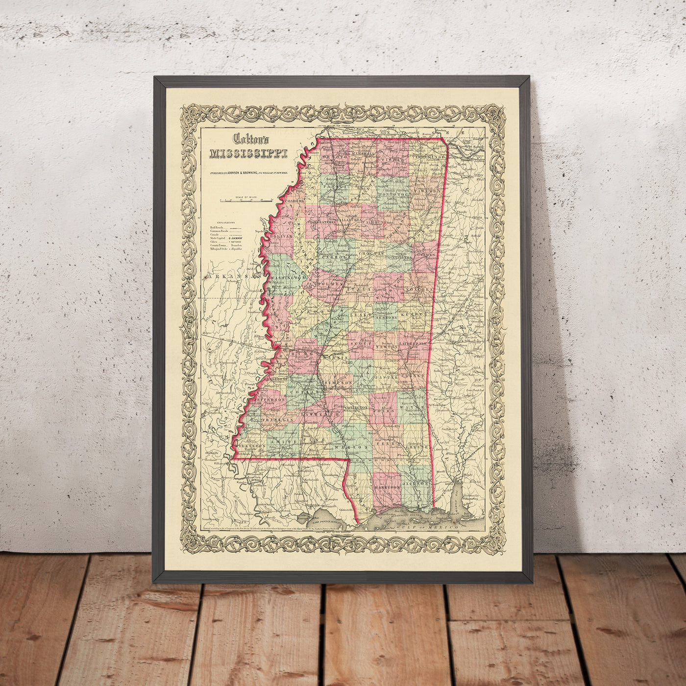 Ancienne carte du Mississippi par JH Colton, 1855 : Jackson, Vicksburg, Natchez, Columbus et Meridian