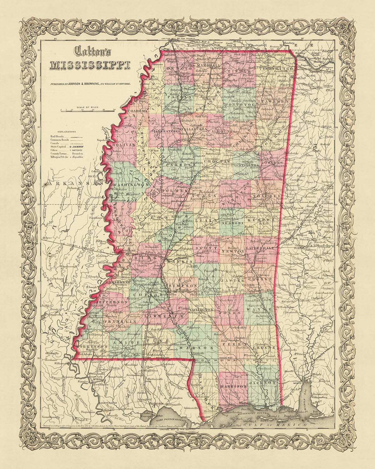 Ancienne carte du Mississippi par JH Colton, 1855 : Jackson, Vicksburg, Natchez, Columbus et Meridian