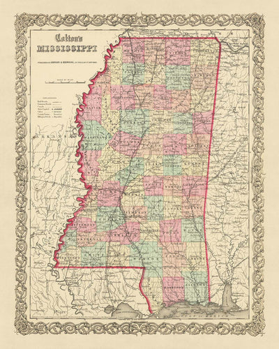 Ancienne carte du Mississippi par JH Colton, 1855 : Jackson, Vicksburg, Natchez, Columbus et Meridian