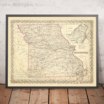Old Map of Missouri by J. H. Colton, 1860: St. Louis, Kansas City, Springfield, Independence, Jefferson City