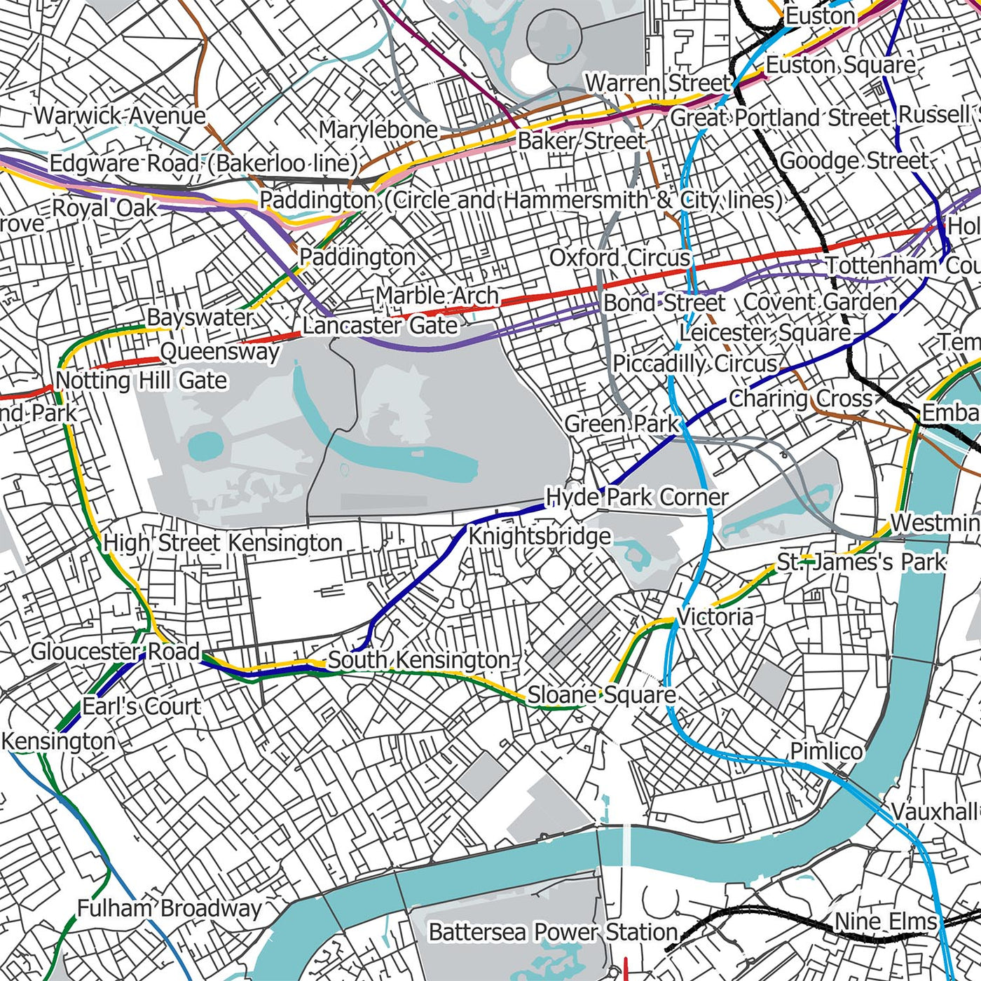 Mapa moderno de Londres con rutas reales de metro y trenes de superficie 