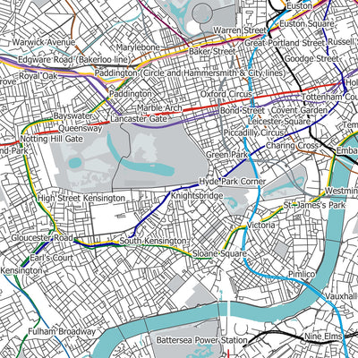 Mapa moderno de Londres con rutas reales de metro y trenes de superficie 
