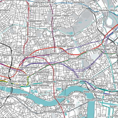 Mapa moderno de Londres con rutas reales de metro y trenes de superficie 