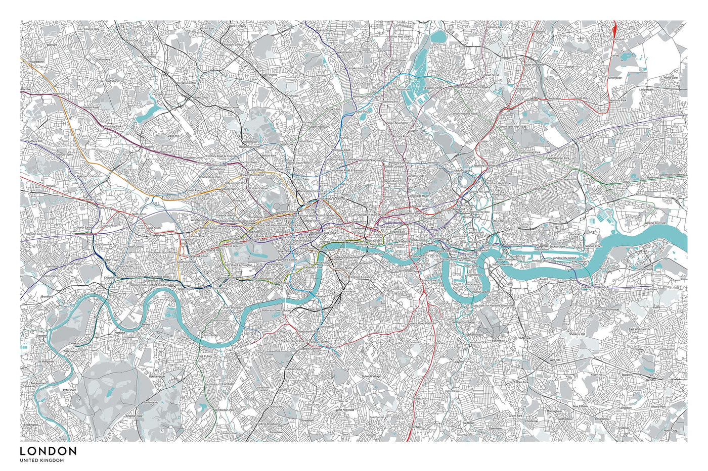 Mapa moderno de Londres con rutas reales de metro y trenes de superficie 