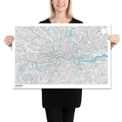 Mapa moderno de Londres con rutas reales de metro y trenes de superficie 