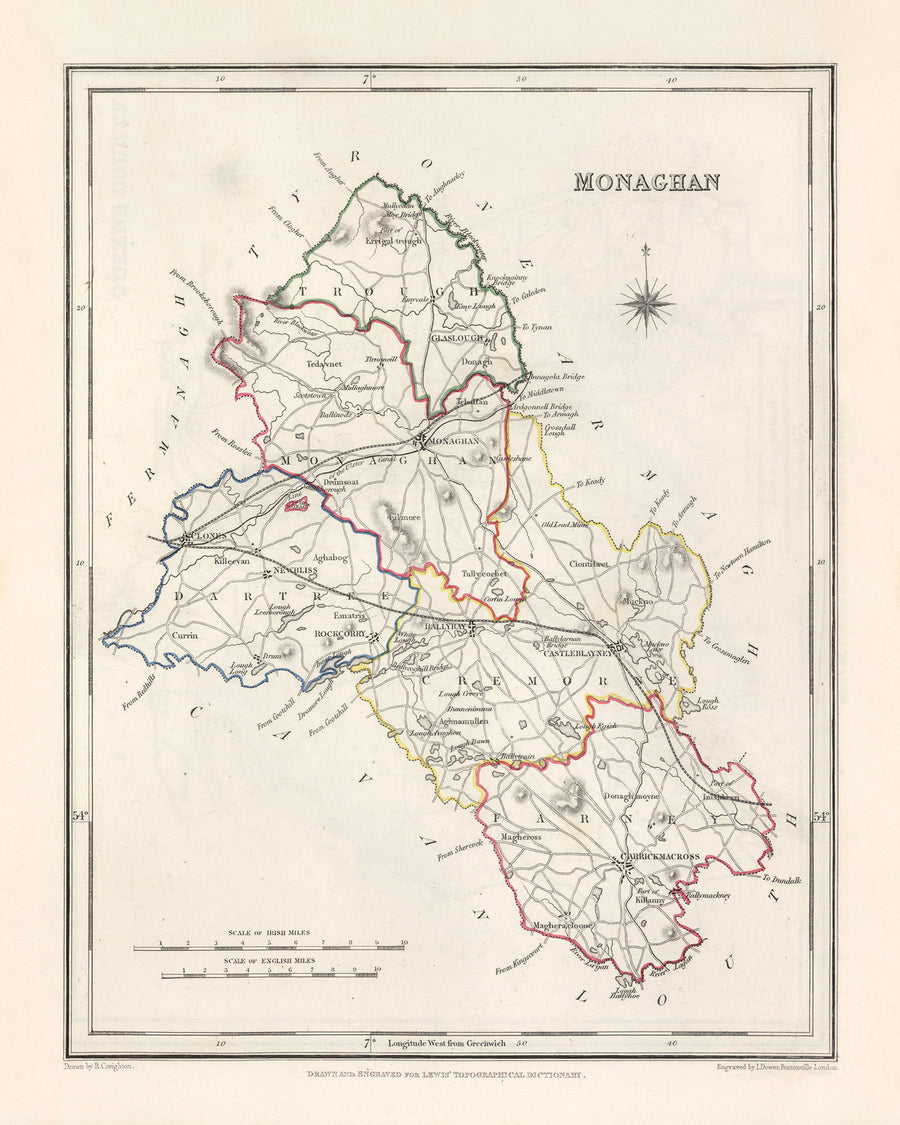 Mappa antica della Contea di Monaghan di Samuel Lewis, 1844: Castleblayney, Clones, Ballybay, Carrickmacross, Glaslough 