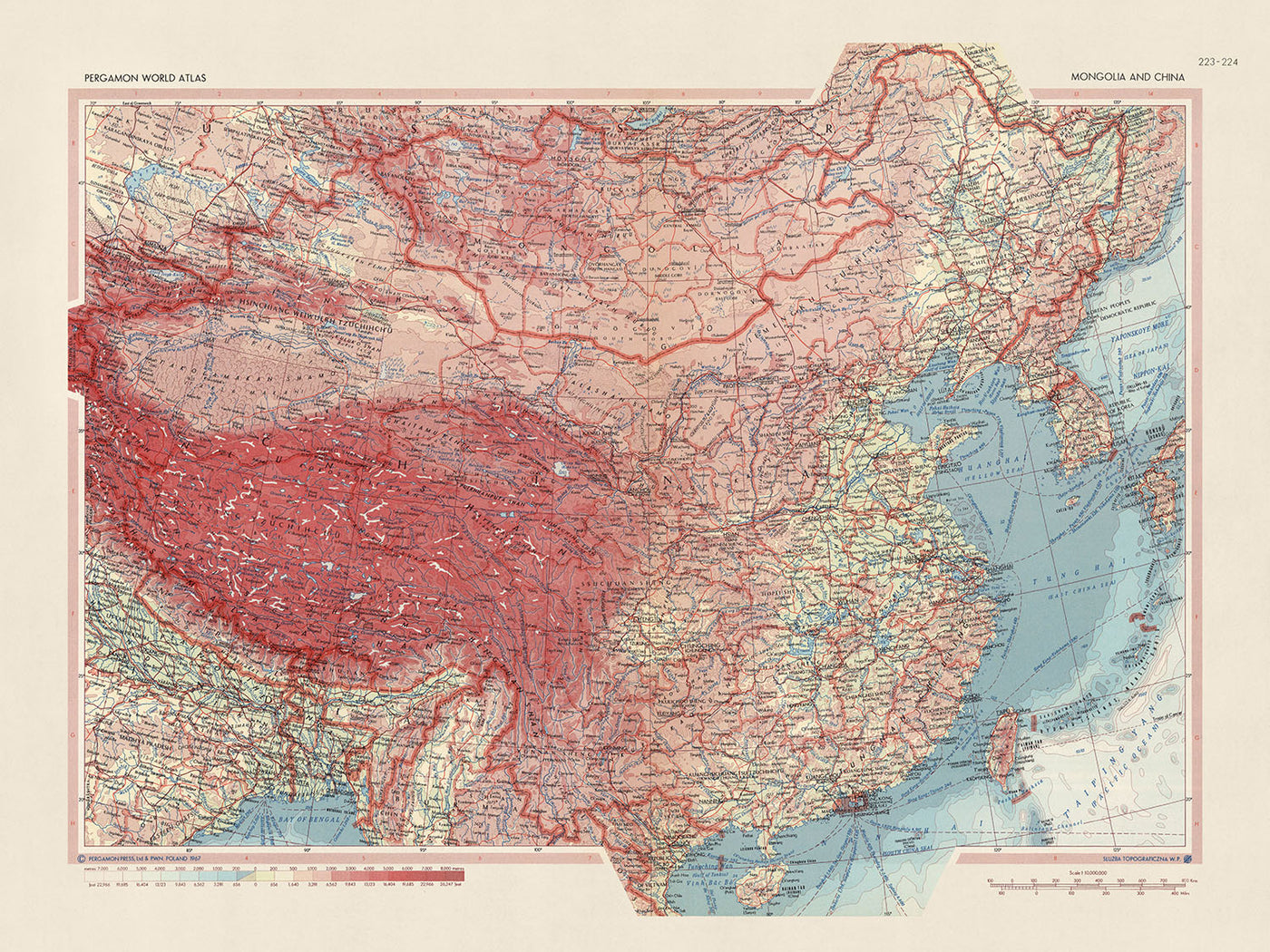Mapa antiguo de Mongolia y China, 1967: Corea, Taiwán, Atlas político y físico detallado 