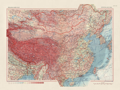 Mapa antiguo de Mongolia y China, 1967: Corea, Taiwán, Atlas político y físico detallado 