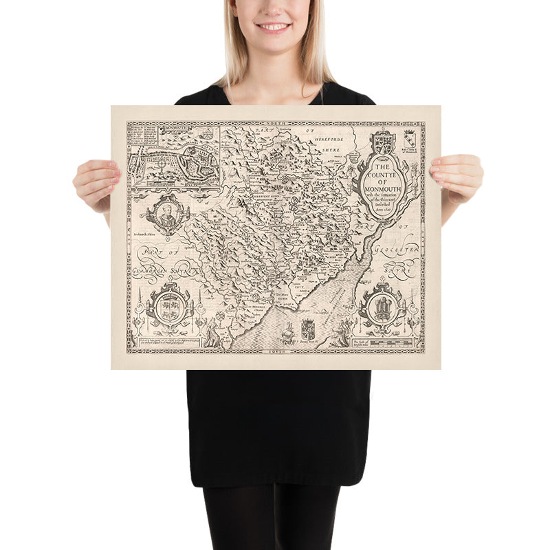 Carte ancienne du Monmouthshire par Speed, 1610 : Monmouth, Abergavenny, Chepstow, Newport, Usk