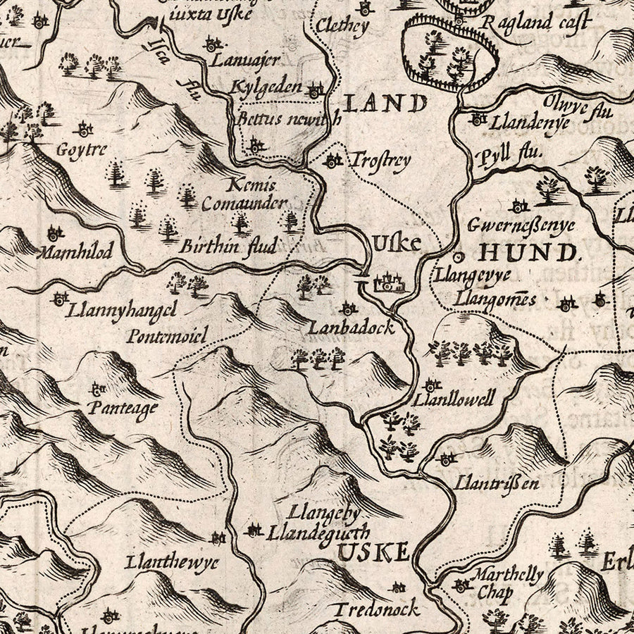 Carte ancienne du Monmouthshire par Speed, 1610 : Monmouth, Abergavenny, Chepstow, Newport, Usk