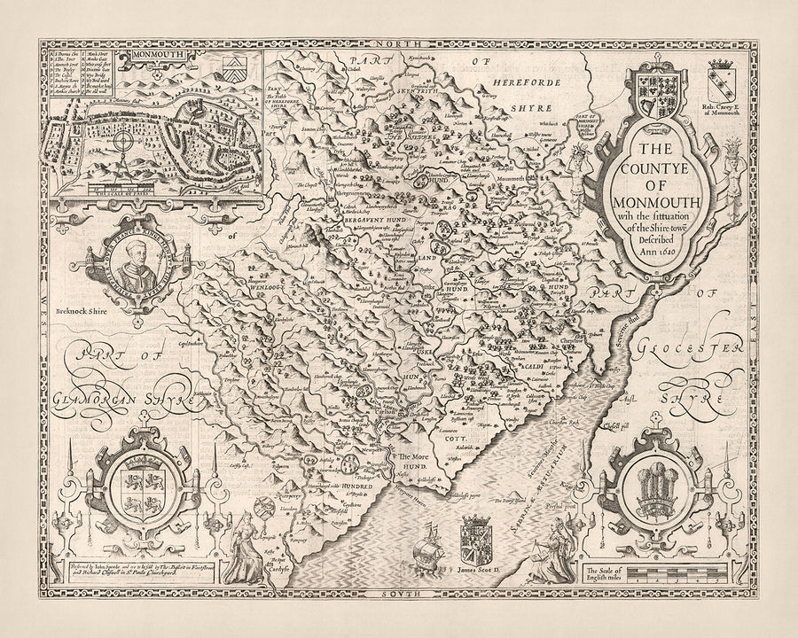 Carte ancienne du Monmouthshire par Speed, 1610 : Monmouth, Abergavenny, Chepstow, Newport, Usk