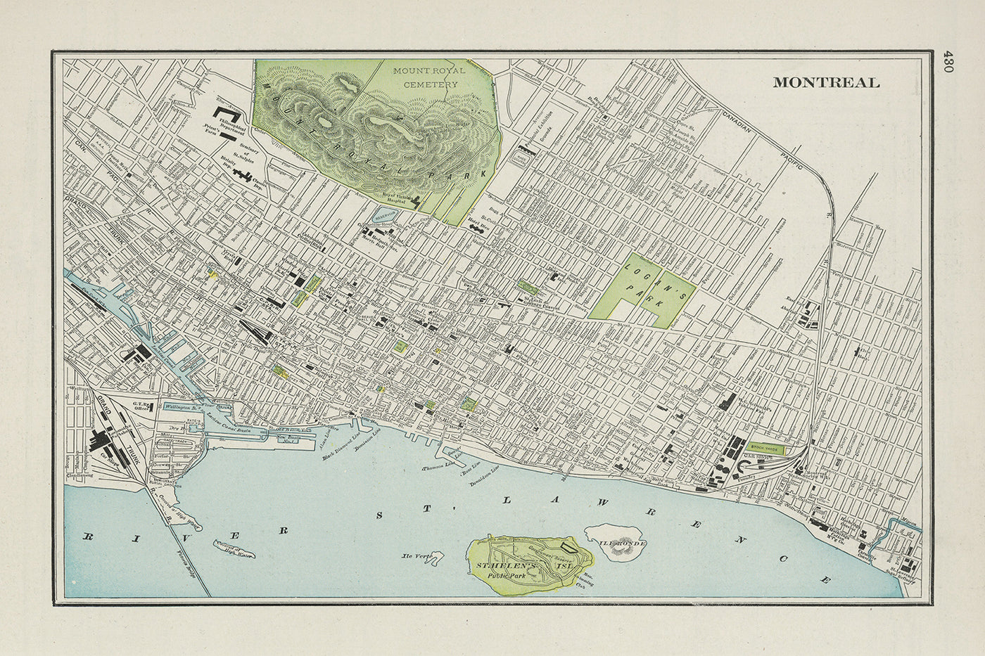 Alte Karte von Montreal von Cram, 1901: Mount Royal Park & Friedhof, Sankt-Lorenz-Strom, Alt-Montreal, McGill-Universität, Lafontaine-Park 