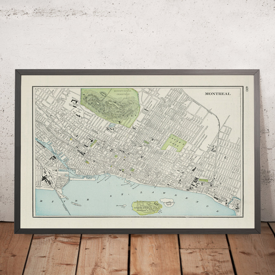 Mappa antica di Montreal di Cram, 1901: Parco e Cimitero del Monte Royal, Fiume San Lorenzo, Vecchia Montreal, Università McGill, Parco Lafontaine 