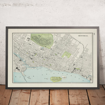 Ancienne carte de Montréal par Cram, 1901 : parc et cimetière du Mont-Royal, fleuve Saint-Laurent, Vieux-Montréal, Université McGill, parc Lafontaine