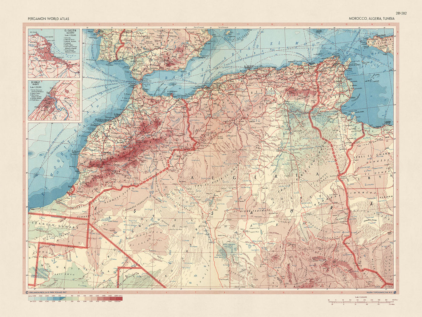 Old Map of Northwest Africa, 1967: Morocco, Algeria, Tunisia, Sahara Desert, Western Sahara