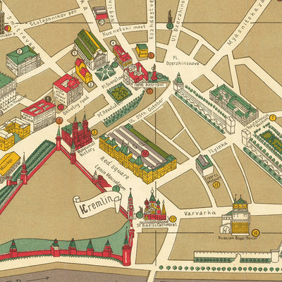 Antigua Mapa Turístico de Moscú por Getmanski, 1955: Kremlin, Plaza Roja, Teatro Bolshói, San Basilio, Mausoleo de Lenin 