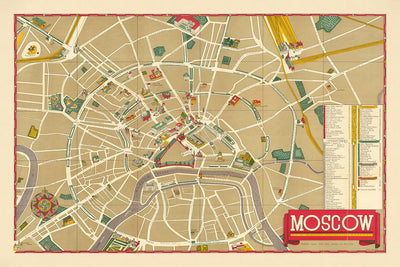 Antigua Mapa Turístico de Moscú por Getmanski, 1955: Kremlin, Plaza Roja, Teatro Bolshói, San Basilio, Mausoleo de Lenin 
