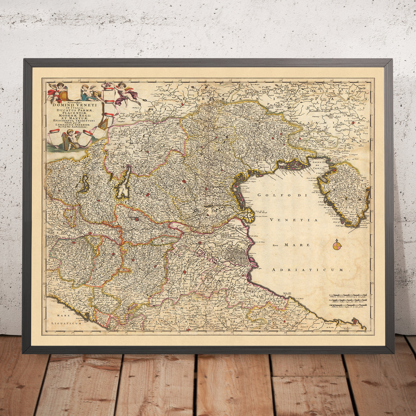 Antiguo mapa del dominio veneciano de Visscher, 1690: Bolonia, Florencia, Venecia, San Marino, Parco Alto Garda Bresciano