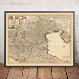 Old Map of the Venetian Dominion by Visscher, 1690: Bologna, Florence, Venice, San Marino, Parco Alto Garda Bresciano