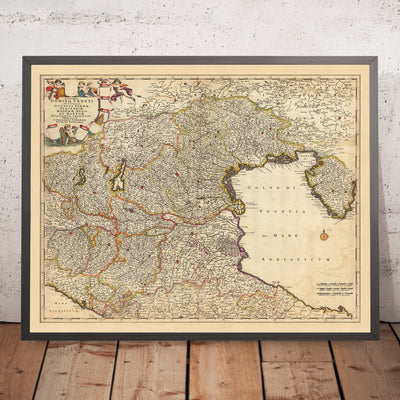Antiguo mapa del dominio veneciano de Visscher, 1690: Bolonia, Florencia, Venecia, San Marino, Parco Alto Garda Bresciano
