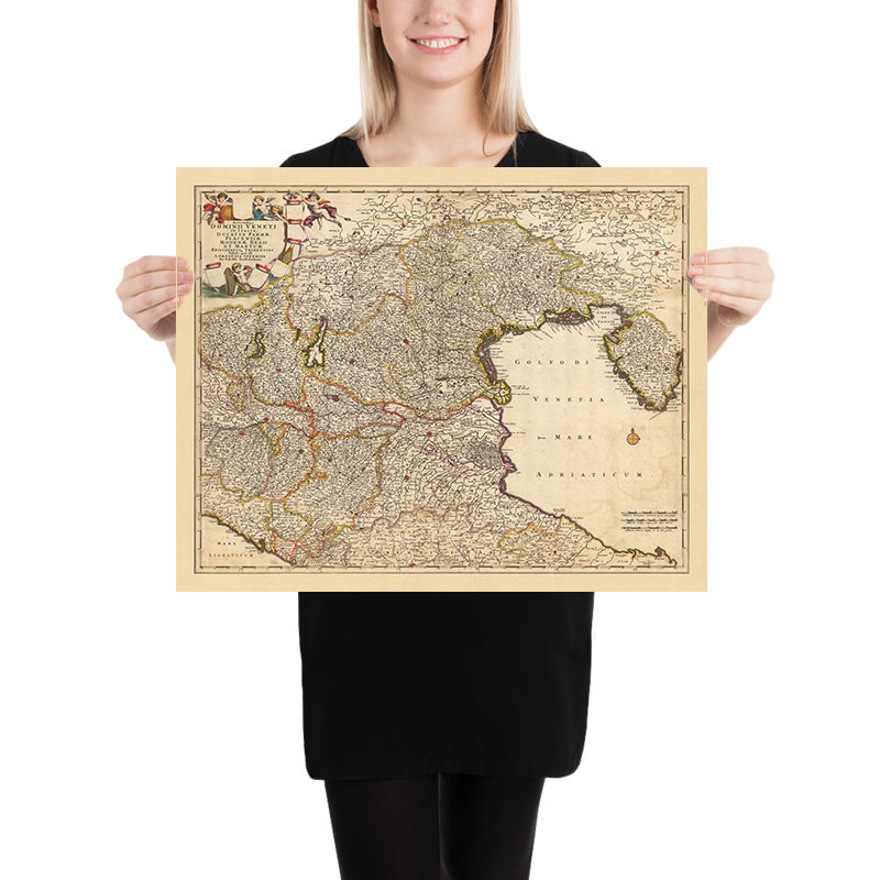 Antiguo mapa del dominio veneciano de Visscher, 1690: Bolonia, Florencia, Venecia, San Marino, Parco Alto Garda Bresciano