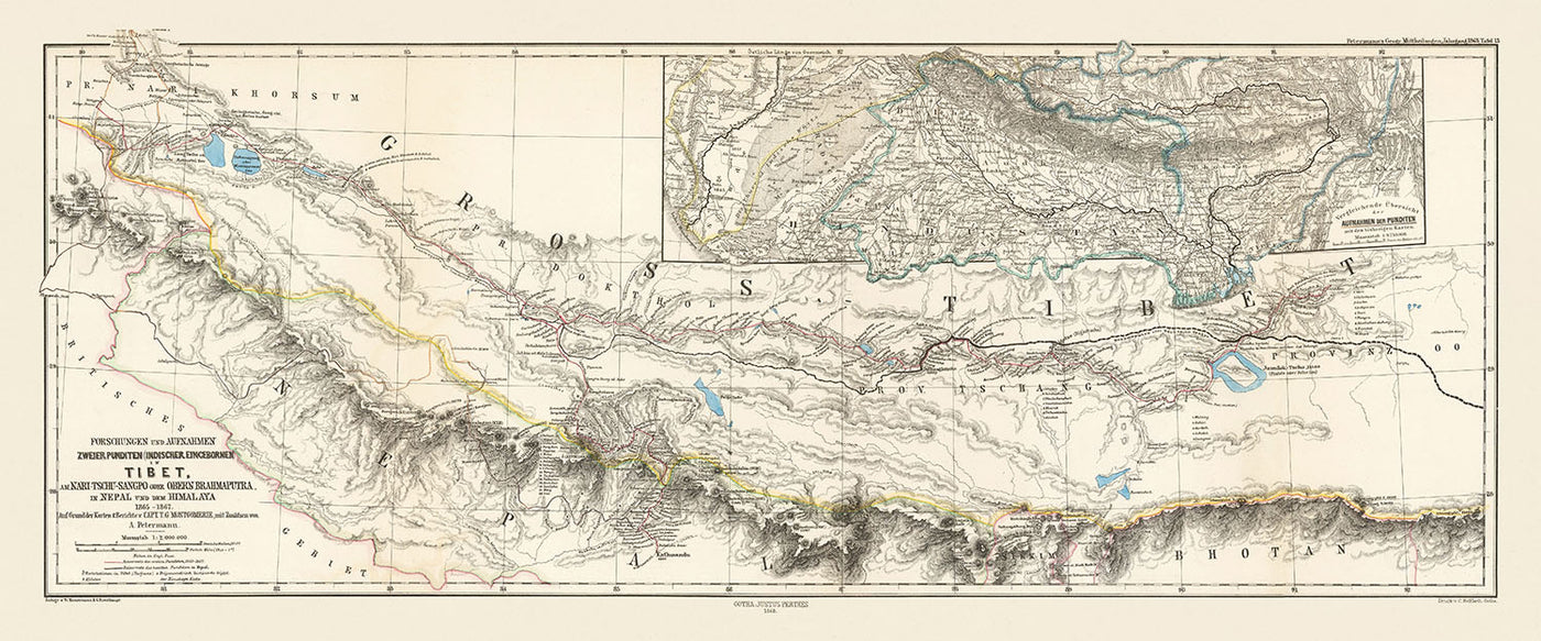 Mapa antiguo del Himalaya de Petermann, 1868: Everest, K2, Sikkim, Bután, Tíbet