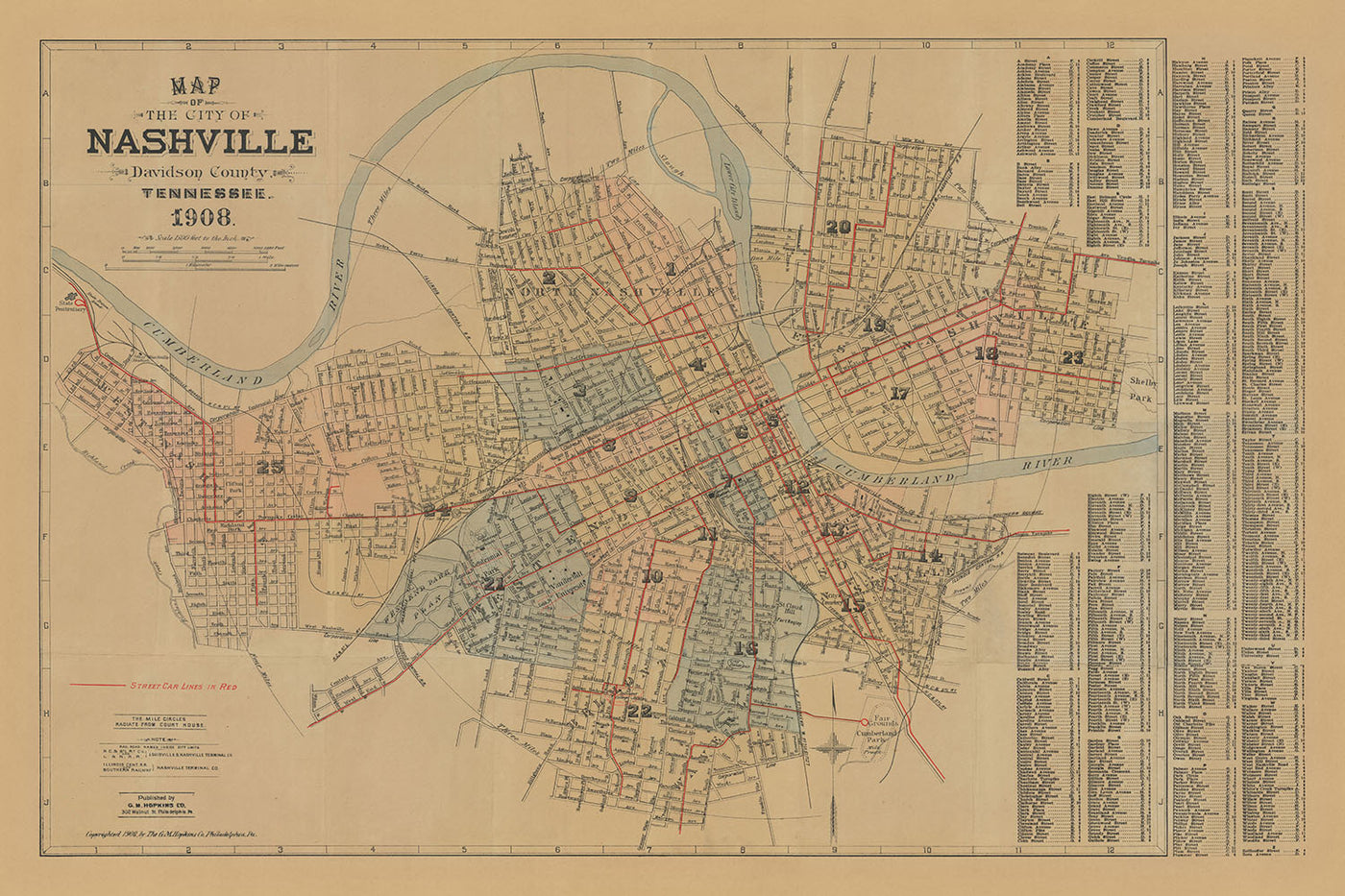 Alte Karte von Nashville von Hopkins, 1908: Cumberland River, State Capitol, Vanderbilt, Centennial Park, Ryman Auditorium 