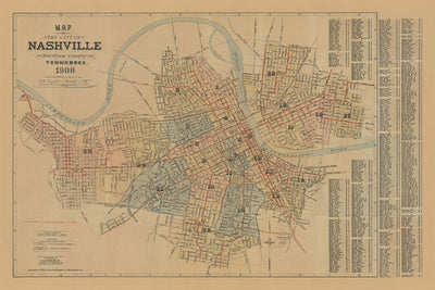 Alte Karte von Nashville von Hopkins, 1908: Cumberland River, State Capitol, Vanderbilt, Centennial Park, Ryman Auditorium 