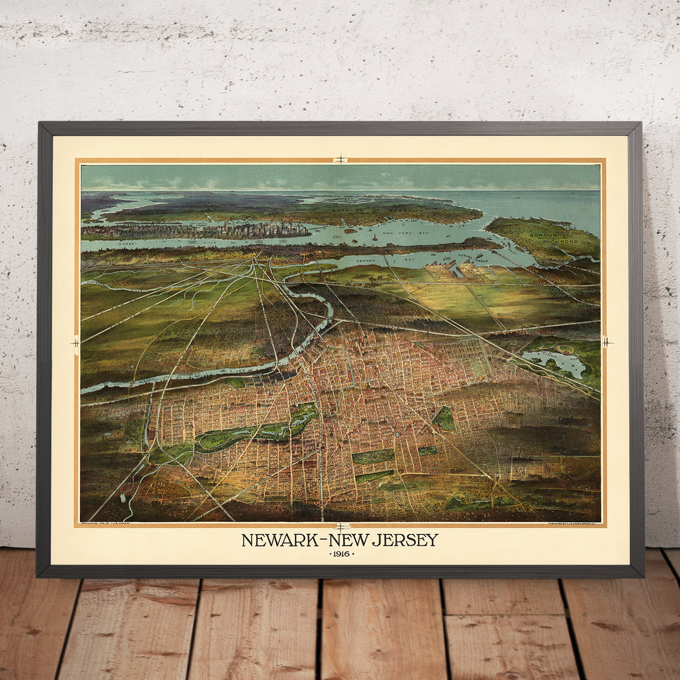Ancienne carte Birdseye de Newark par Landis, 1916 : Manhattan, port de Newark, chemins de fer, baie de New York 